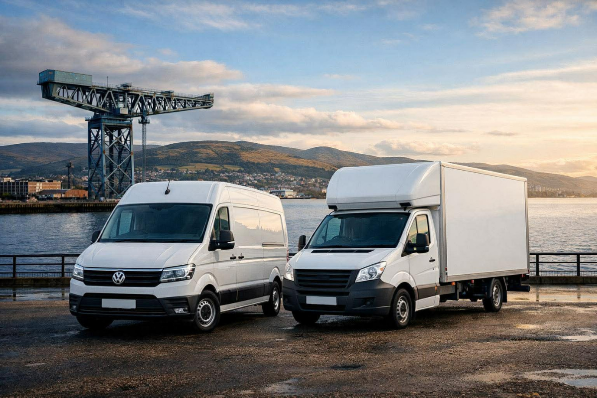 Tipping and Moving’s dual-fleet parked in Gourock & Inverkip, showing our dedicated clean removals van and separate SEPA-licensed waste vehicle.